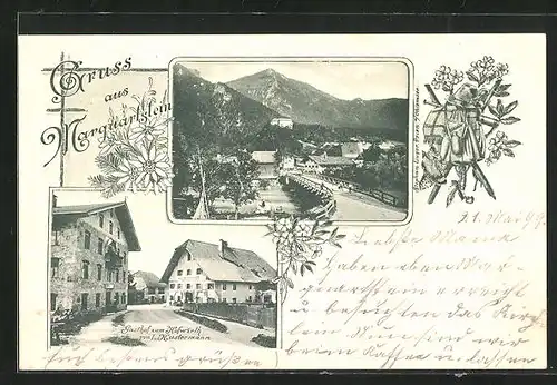 AK Marquartstein, Gasthof Zum Hofwirth, Ortsansicht mit Berge und Brücke