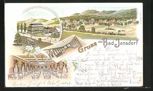 Lithographie Bad Jonsdorf, Restaurant Bad Jonsdorf mit Saalansicht, Ortsansicht