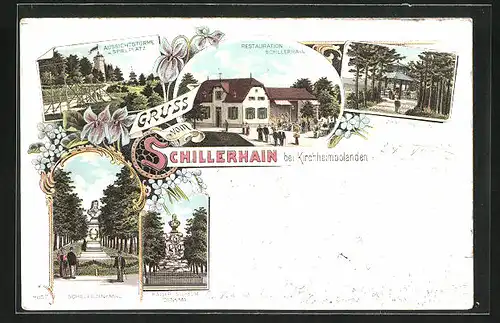 Lithographie Kirchheimbolanden, Restaurant Schillerhain, Sulzbachpavillon, Aussichtsturm mit Spielplatz