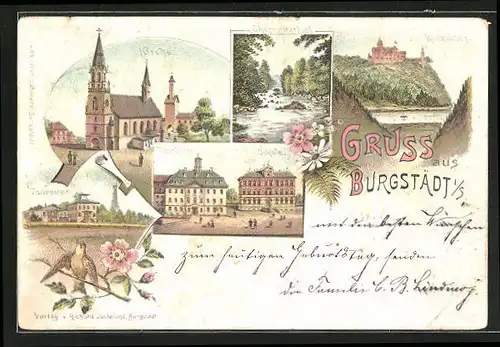 Lithographie Burgstädt i. S., Kirche, Rathaus, Schule