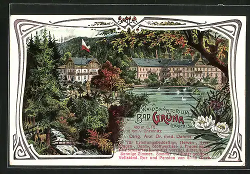 Lithographie Bad Grüna / Erzg., Waldsanatorium mit See