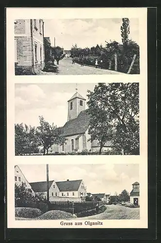 AK Olganitz, Kirche, Wohnhäuser, Strassenpartie
