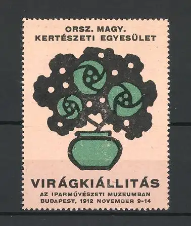 Reklamemarke Budapest, Orsz. Magy. Kertészeti Egyesület Virágkiállitás 1912, Rosenstrauch in einem Blumentopf