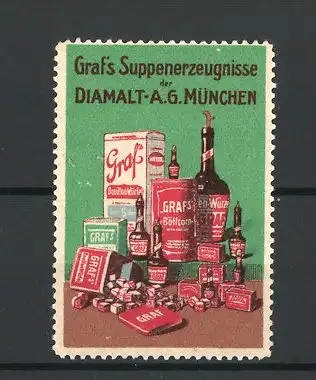 Reklamemarke Graf's Suppenerzeugnisse der Diamalt AG München, Suppenwürfel, Bouillon und Würze