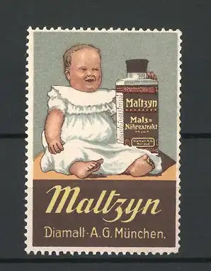Reklamemarke Maltzym Malz-Nährsalzextrakt der Diamalt AG München, lachendes Mädchen mit grosser Flasche