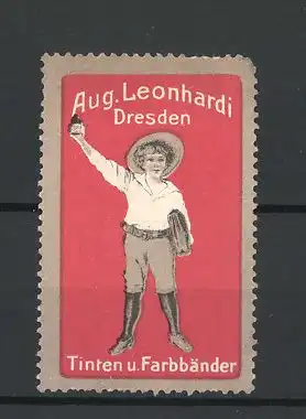 Reklamemarke Tinten und Farbbänder von August Leonhardi, Dresden, Schuljunge mit Flasche Tinte