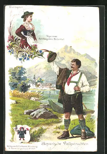 Lithographie Tegernsee, Stadtansicht, Paar in Bayerischen Volkstrachten