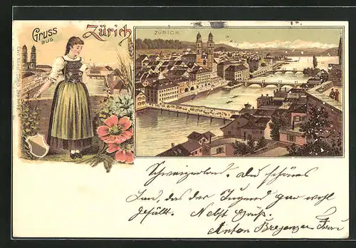 Lithographie Zürich, Teilansicht mit Brücke