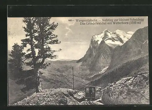 AK Wengeralpbahn, Aufstieg zur kleinen Scheidegg, Das Grindelwaldtal mit Wetterhorn, Bergbahn