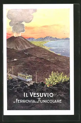 Künstler-AK Il Vesuvio con la Ferrovia e la Funicolare, Bergbahn