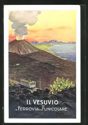 Künstler-AK Il Vesuvio con la Ferrovia e la Funicolare, Bergbahn