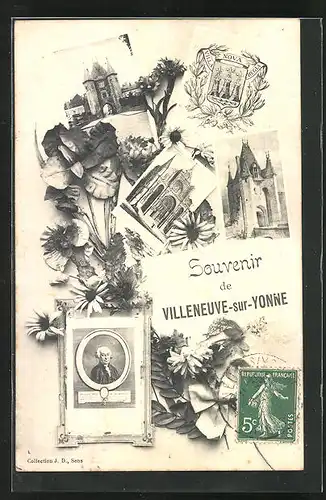 AK Villeneuve-sur-Yonne, Kirche, Tor & Wappen