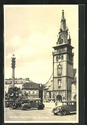 AK Komotau / Chomutov, Platz mit Stadtkirche