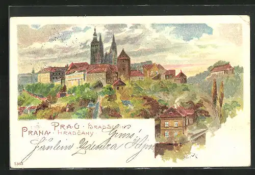 Lithographie Prag / Praha, Hradschin, Ortspartie mit Schloss