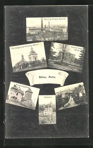 AK Böhm. Aicha, Fabrik der Firma F. Schmitt, Palais Schmitt, Steueramtsgebäude