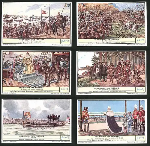 6 Sammelbilder Liebig, Serie Nr. 1631: Geschiedenis van Engeland, Nelson, Schiff, Amerika, Ureinwohner, Azincourt
