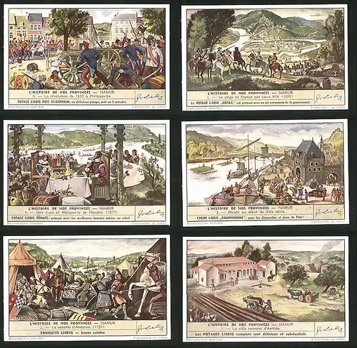 6 Sammelbilder Liebig, Serie Nr. 1550: L`Histoire de nos Provinces Namur, Bataille, Revolution, Schiff, Hafen, Viehzucht
