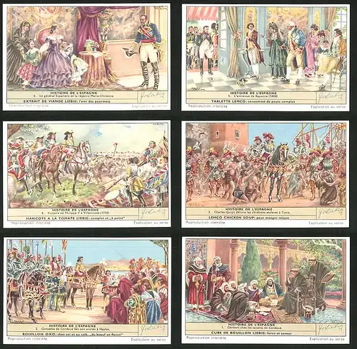 6 Sammelbilder Liebig, Serie Nr.: 1658, Histoire de l`Espagne, Marie-Christine, Espartero, Victoire de Philippe V