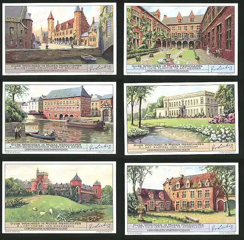 6 Sammelbilder Liebig, Serie Nr. 1409: Oude Woningen in Musea Herschapen, Anderlecht, Gaesbeeck, Mariemont, Brugge