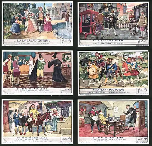 6 Sammelbilder Liebig, Serie Nr. 1449: Gil Blas de Santillane, Brunnen, Königin, Soldaten, Gewehr, Abendbrot