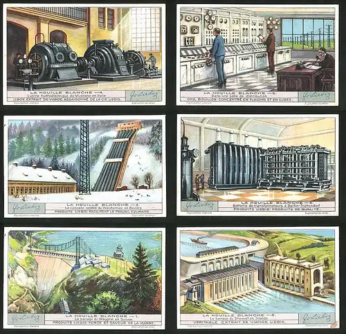 6 Sammelbilder Liebig, Serie Nr. 1271: La Houille Blanche, Irland, Suisse, Berlin-Trattendorf, Italien, Hydroélectrique