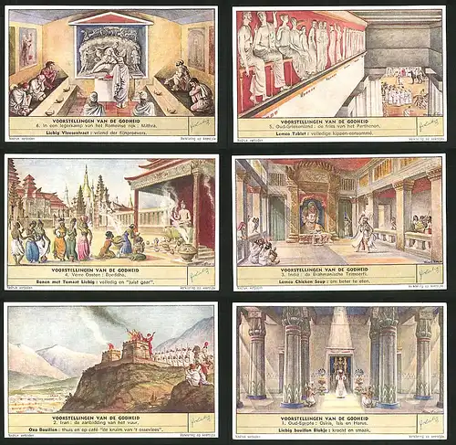 6 Sammelbilder Liebig, Serie Nr. 1654: Voorstellingen van de Godheid, Osiris, Horus, Isis, Iran, Indien, Griechenland