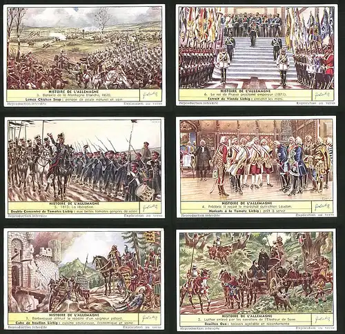 6 Sammelbilder Liebig, Serie Nr. 1630: Histoire de l`Allemagne, Barberousse, Frédéric II., Krieg, Bataillon