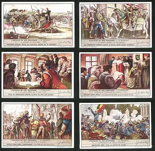 6 Sammelbilder Liebig, Serie Nr. 1548: L`Histoire de nos Provinces le Brabant, Revolution, Louvain, Bataille, Woeringen