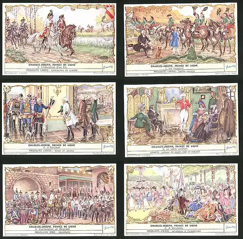 6 Sammelbilder Liebig, Serie Nr. 1563: Charles-Joseph, Prince de Ligne, Versailles, Belgrade, Potsdam, L`Éducation