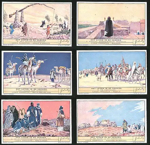 6 Sammelbilder Liebig, Serie Nr. 1454: Het Leven in de Sahara, Auto, Karavaan, Koufram Watervraagstuk