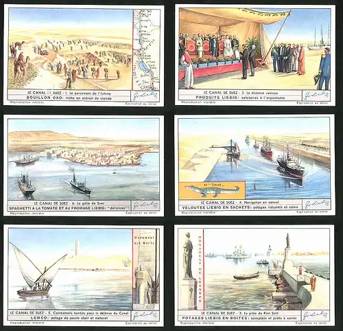6 Sammelbilder Liebig, Serie Nr. 1561: Le Canal de Suez, Denkmal, Dampfer, Gof de Suez, König, Timsah