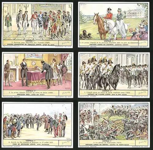 6 Sammelbilder Liebig, Serie Nr. 1669: Léopold I., Peterswalde, Schlacht, Belgique, Russe, Garde, Gréce, Tuileries