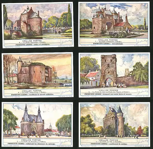 6 Sammelbilder Liebig, Serie Nr. 1470: Vieilles Portes, Bruxelles, Malines, Tongres, Bruges, Ostende, Maréchale