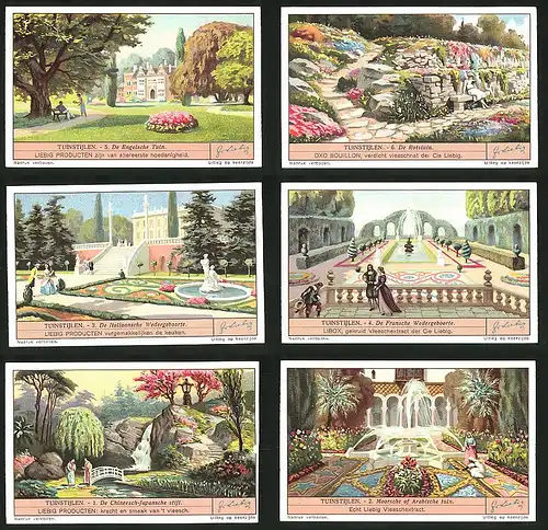 6 Sammelbilder Liebig, Serie Nr. 1336: Tuinstijlen, Moorsche, Springbrunnen, Rotstuin, Engelsche Tuin, Arabische Tuin