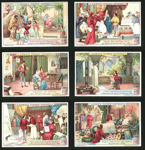 6 Sammelbilder Liebig, Serie Nr. 836: Päpste, Leo X., Raphaels, Julius II., Florenz, Fra Bartolommeo, Peterskirche
