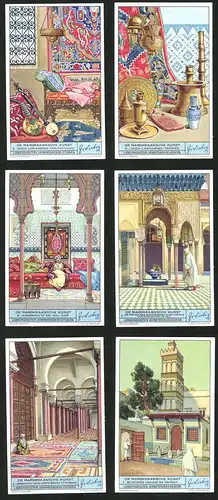 6 Sammelbilder Liebig, Serie Nr. 1351: De Marokkaansche Kunst, Vazen, Lantaarnen, Tapijten, De Moskee van abd er Rahman