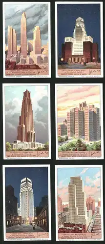 6 Sammelbilder Liebig, Serie Nr. 1317: Gratte-Ciel Americains, New-York, Chicago, Pittsburg, Buffalo, Universität