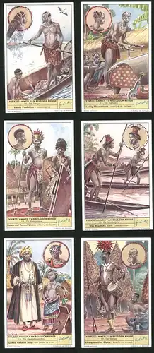6 Sammelbilder Liebig, Serie Nr. 1626: Volksstammen van Belgisch Kongo, De Babali, De Wasongola, De Bangelima