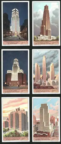 6 Sammelbilder Liebig, Serie Nr. 1317: Amerikaansche Wolkenrabbers, Lincoln Building, Rockefeller Center, City Hall