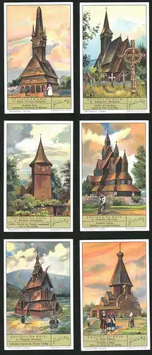 6 Sammelbilder Liebig, Serie Nr. 1331: Eglises en Bois, Ouna, Borgund, Hitterdal, Klastawe, Maramures, Hongrie