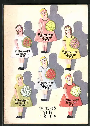 AK Rosswein, Rossweiner Schulfest 1934, Figuren aus Holz gepresst und handbemalt, Rossweiner Industrieerzeugnis