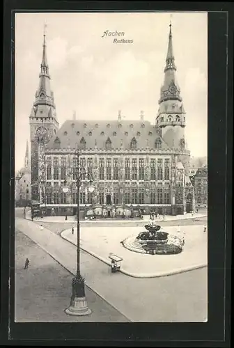 AK Aachen, Rathaus mit Brunnen auf dem Vorplatz