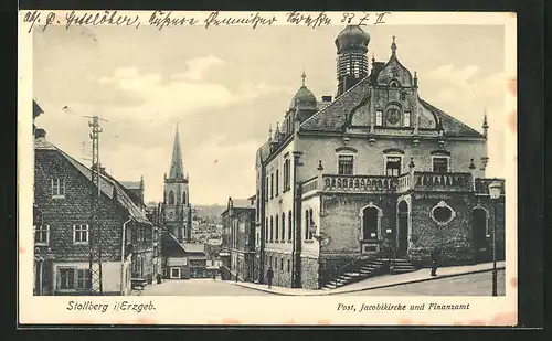 AK Stollberg /Erzgeb., Post, Jacobikirche und Finanzamt
