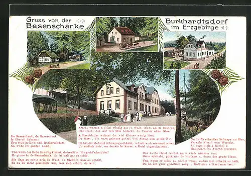 AK Burkhardtsdorf im Erzgebirge, Gasthaus Besenschänke, Gebäudeansicht mit Pferdewagen, Ortspartie