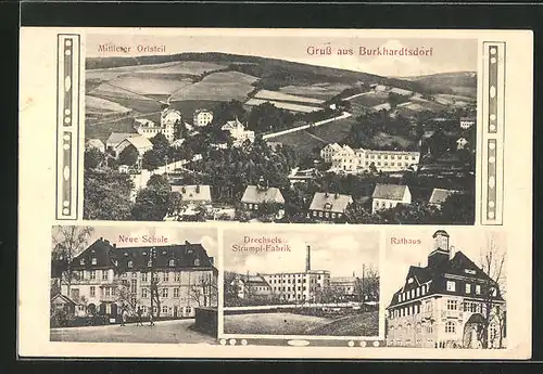 AK Burkhardtsdorf, Drechsels Strumpf-Fabrik, Neue Schule, Rathaus