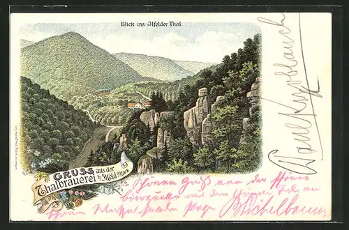 Lithographie Ilfeld / Harz, Ilfelder Thal mit Thalbrauerei