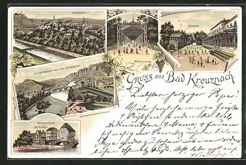 Lithographie Bad Kreuznach, Kurhaus, Wandelhalle, Brückenhäuser, Ebernburg & Rothenfels