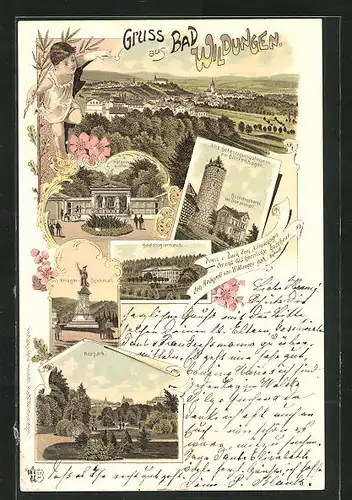 Lithographie Bad Wildungen, Kurpark, Helenenquelle, alter Befestigungsturm, Kriegerdenkmal