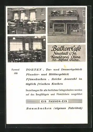 AK Neustadt / Sachsen, Konditorei Balkon-Café, Aussen- und Innenansichten, Inh. Alfred Oliva