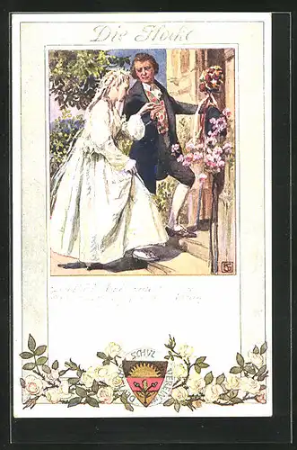 Künstler-AK Karl Friedrich Gsur: Deutscher Schulverein Nr. 194: Die Glocke, Brautpaar auf den Stufen ins Haus